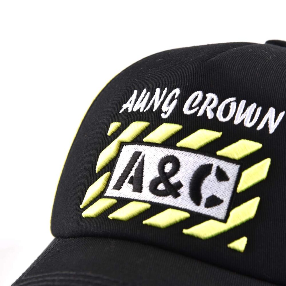 Aung-Crown-casual-black-and-yellow-trucket-hat-with-a-flat-embroidery-logo-on-the-front-KN2012091 Aung-Crown-casual-black-and-yellow-trucket-hat-with-a-flat-embroidery-logo-on-the-front-KN2012091
