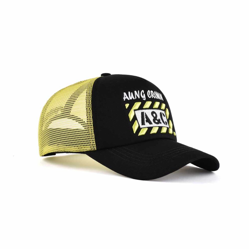 Aung-Crown-fashion-black-and-yellow-trucker-hat-at-the-side-angle-view-KN2012091 Aung-Crown-fashion-black-and-yellow-trucker-hat-at-the-side-angle-view-KN2012091