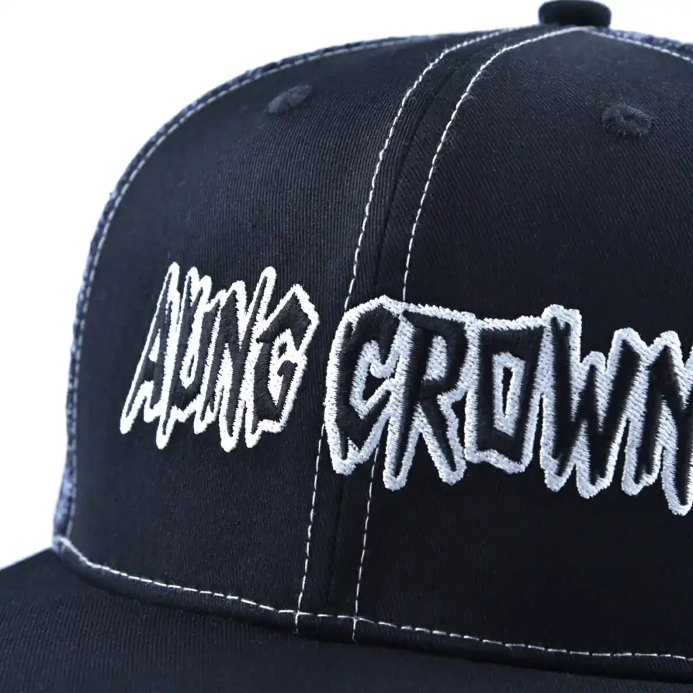 Aung-Crown-mens-black-flat-brim-trucker-hat-with-flat-embroidery-letters-on-the-front-KN2012111 Aung-Crown-mens-black-flat-brim-trucker-hat-with-flat-embroidery-letters-on-the-front-KN2012111