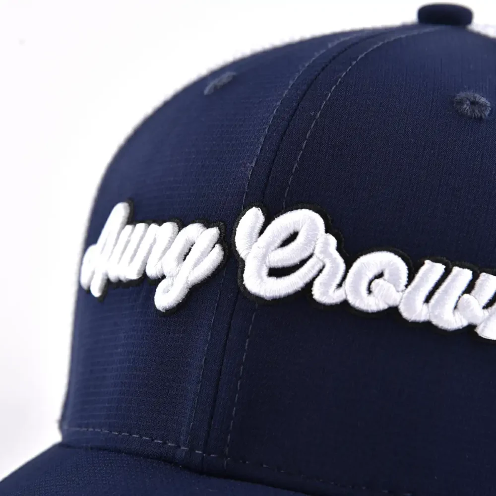 Aung-Crown-capacete de camionista para homem, branco e azul, com bordado-3D e letras brancas na parte da frente-KN2012121 Aung-Crown-capacete de camionista para homem, branco e azul, com bordado-3D e letras brancas na parte da frente-KN2012121