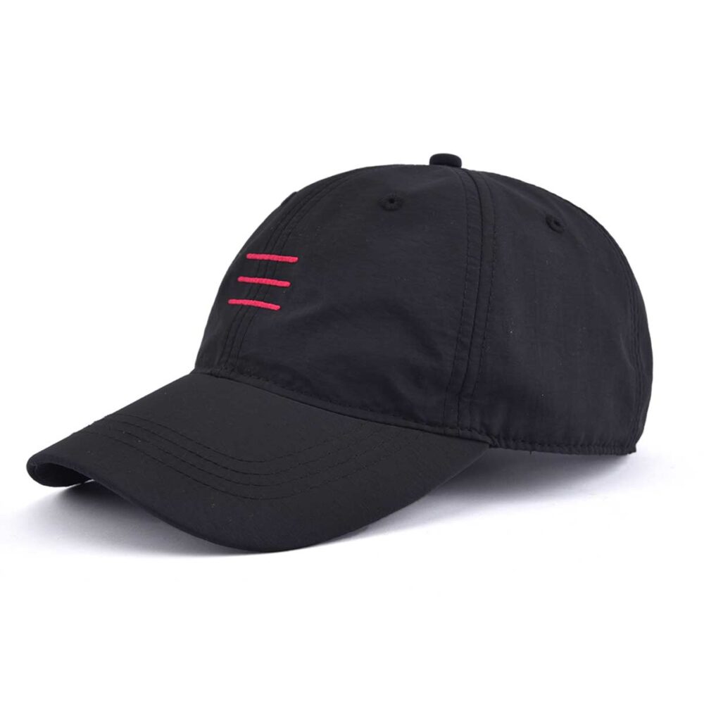 Left-view-of-black-nylon-baseball-cap-with-3-red-stripes-KN2102271 Left-view-of-black-nylon-baseball-cap-with-3-red-stripes-KN2102271