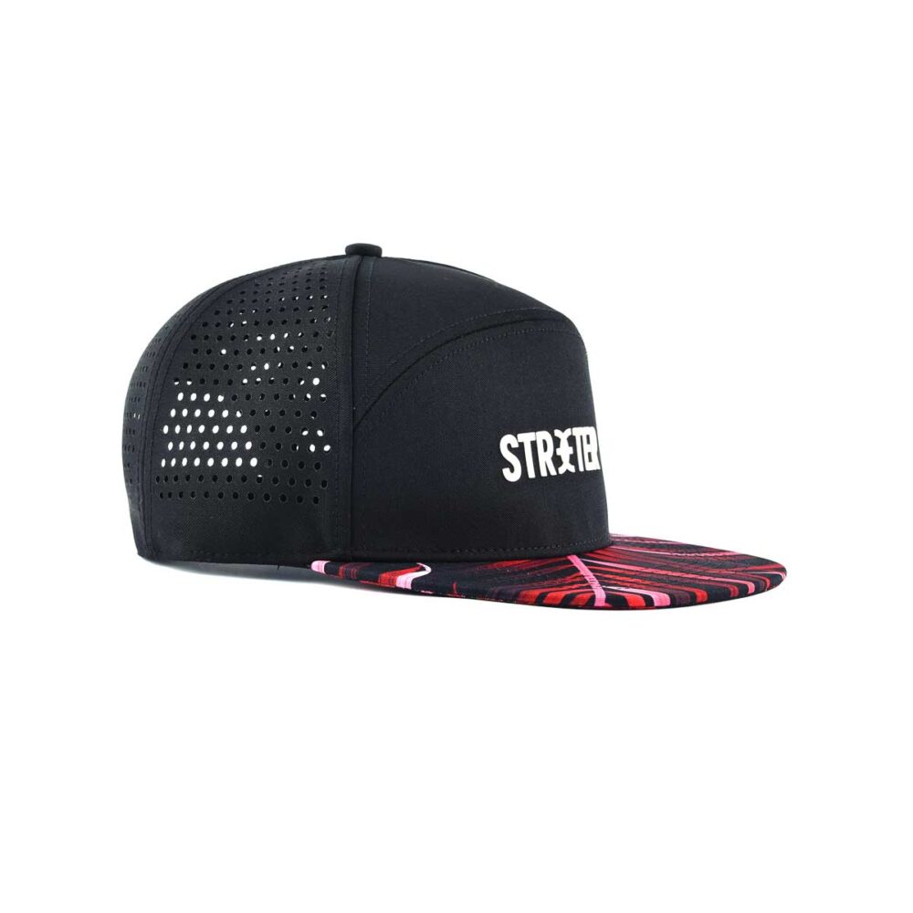 Streeter-unisex-6-panel-black-and-red-trucker-hat-for-women-and-men-at-the-side-angle-view-KN20112701 Streeter-unisex-6-panel-black-and-red-trucker-hat-for-women-and-men-at-the-side-angle-view-KN20112701