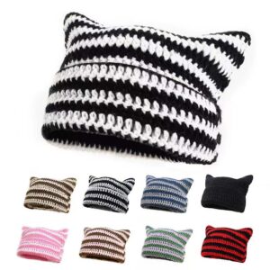 Streetwear - Bonnet rayé en tricot avec oreilles de chat en crochet PB-FB0037