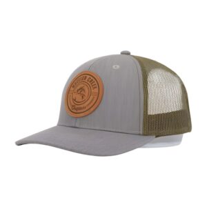 Custom 6 Panel Mens' Grey Cotton Twill Low Profile Trucker Cap With Leather Patch