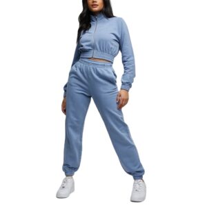 Women's Cotton Blue Fitted Long Sleeve Full Zipper Crop Hoodie Sweatpants Set