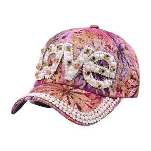 Gorra de béisbol de moda para mujer con bordado de amor y estrellas y detalles florales con pedrería.