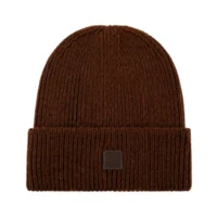 Custom Ribbed Knit Beanie with Leather Patch, Brown AG-UWBN26018-2