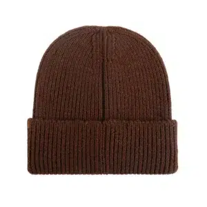 Custom Ribbed Knit Beanie with Leather Patch, Brown AG-UWBN26018-2, back view Custom Ribbed Knit Beanie with Leather Patch, Brown AG-UWBN26018-2, back view