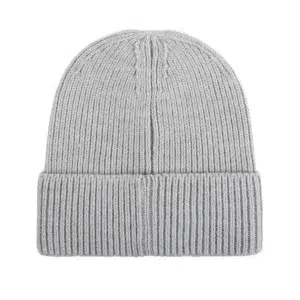 Custom Ribbed Knit Beanie with Leather Patch, Gray AG-UWBN26018-1, back view Custom Ribbed Knit Beanie with Leather Patch, Gray AG-UWBN26018-1, back view