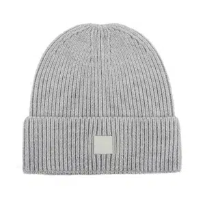 Custom Ribbed Knit Beanie with Leather Patch, Gray AG-UWBN26018-1, main view